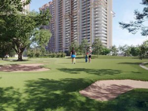 Godrej Tycoon Sector 53 Gurgaon landscaped garden and golf-style green area with luxury high-rise towers in the background